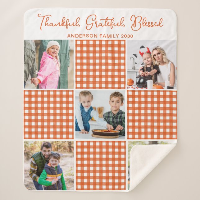 Personalised Orange Plaid Plaid 5 Photo Collage  Sherpa Blanket (Front)