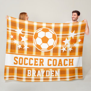 Personalised Orange Plaid Soccer Coach Name Fleece Blanket