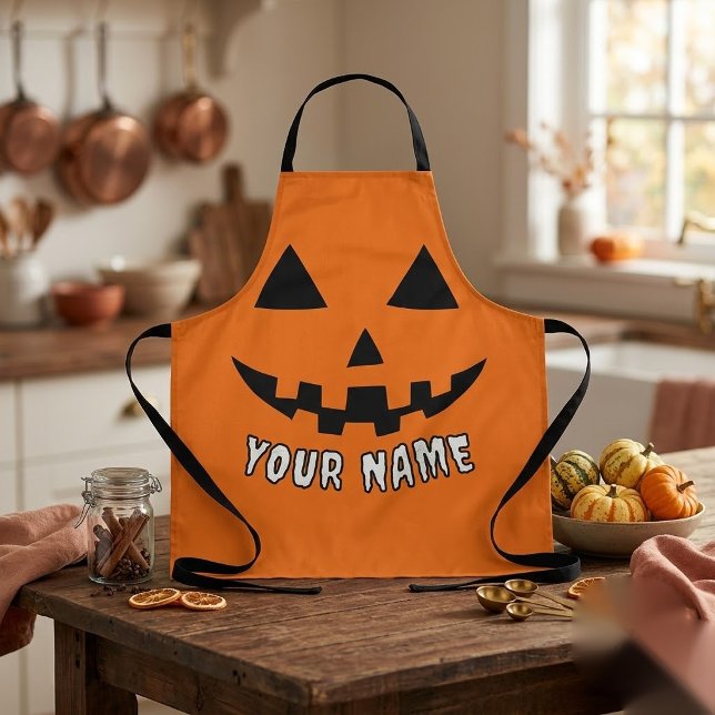 Personalised Orange Pumpkin Halloween Your Name Apron (Creator Uploaded)