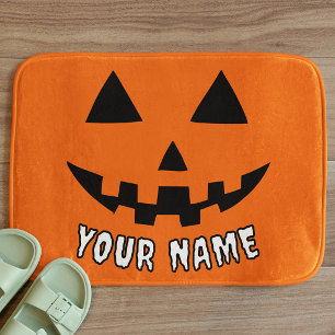 Personalised Orange Pumpkin Halloween Your Name Bath Mat