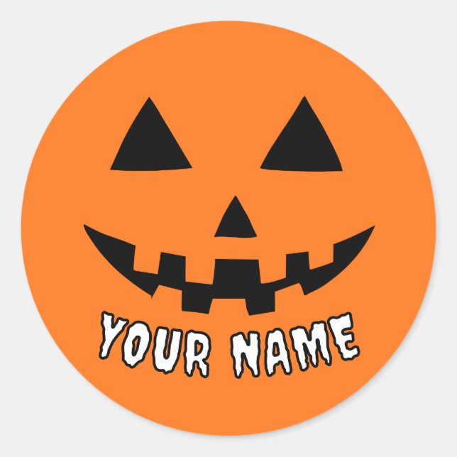 Personalised Orange Pumpkin Halloween Your Name Classic Round Sticker (Front)