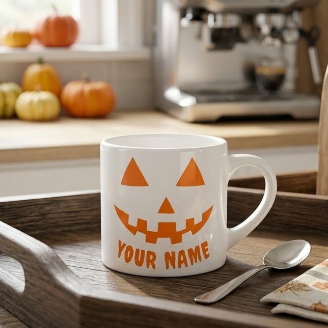 Personalised Orange Pumpkin Halloween Your Name Espresso Cup (Creator Uploaded)