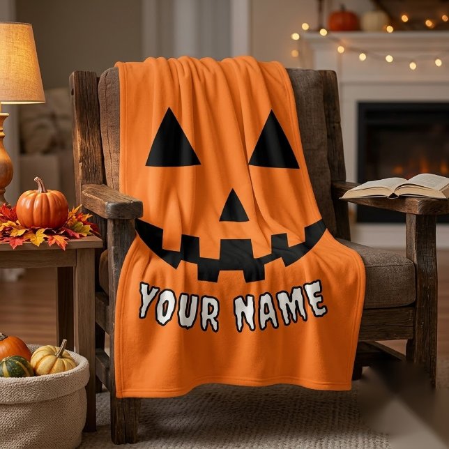 Personalised Orange Pumpkin Halloween Your Name Fleece Blanket (Creator Uploaded)