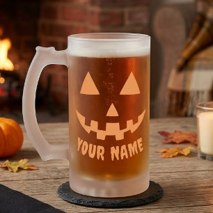 Personalised Orange Pumpkin Halloween Your Name Frosted Glass Beer Mug