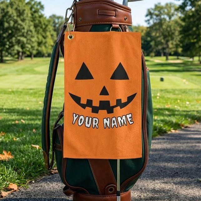 Personalised Orange Pumpkin Halloween Your Name Golf Towel (Creator Uploaded)