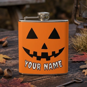 Personalised Orange Pumpkin Halloween Your Name Hip Flask