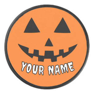 Personalised Orange Pumpkin Halloween Your Name Hockey Puck