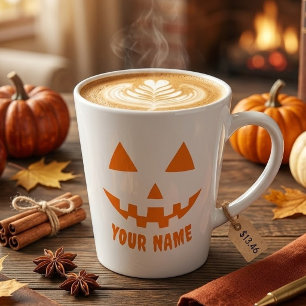 Personalised Orange Pumpkin Halloween Your Name Latte Mug