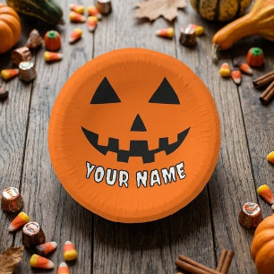 Personalised Orange Pumpkin Halloween Your Name Paper Plate