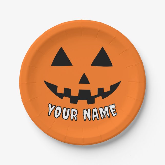 Personalised Orange Pumpkin Halloween Your Name Paper Plate (Front)