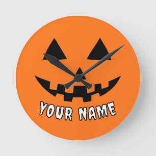 Personalised Orange Pumpkin Halloween Your Name Round Clock