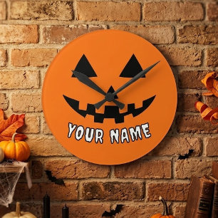 Personalised Orange Pumpkin Halloween Your Name Round Clock