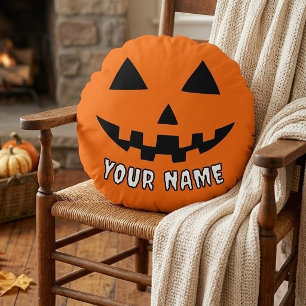 Personalised Orange Pumpkin Halloween Your Name Round Cushion