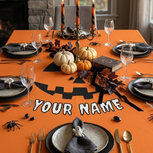 Personalised Orange Pumpkin Halloween Your Name Tablecloth