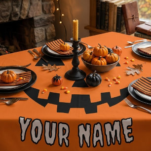 Personalised Orange Pumpkin Halloween Your Name Tablecloth