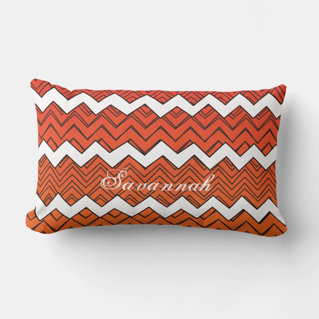 Personalised Orange Red and Yellow Zigzag Pattern Lumbar Cushion (Front)