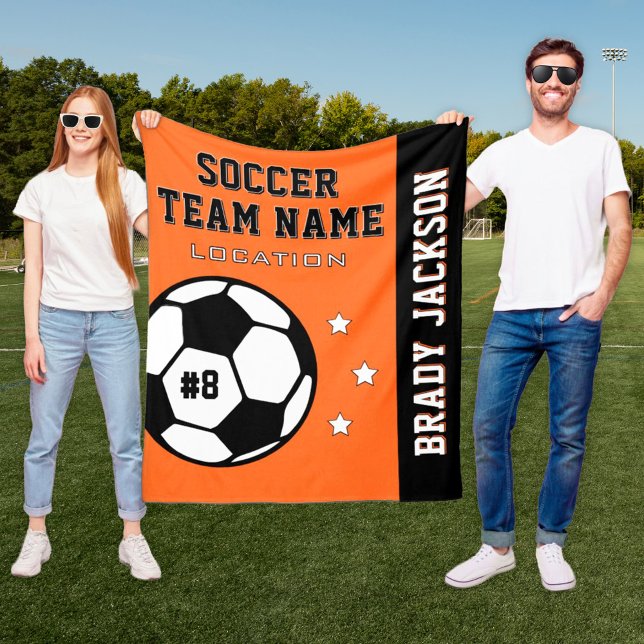 Personalised Orange Soccer Player Name Fleece Blanket (Creator Uploaded)