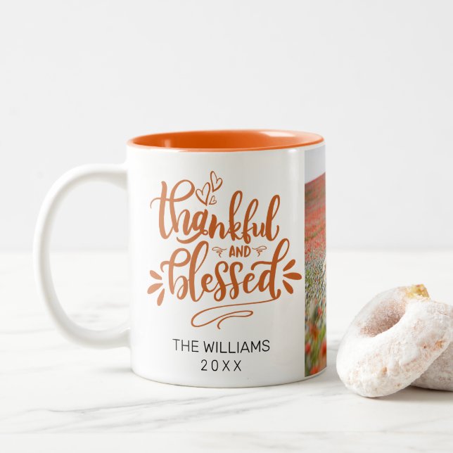 Personalised Orange Thankful and Blessed Photo Two-Tone Coffee Mug (With Donut)