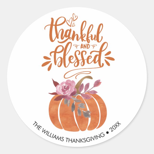 Personalised Orange Thankful & Blessed Pumpkin Classic Round Sticker (Front)