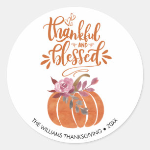 Personalised Orange Thankful & Blessed Pumpkin Classic Round Sticker