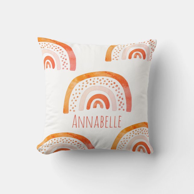 Personalised Orange Watercolor Rainbow Name Cushion (Front)