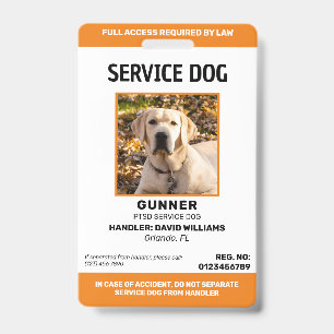 Personalised Orange White Service Dog Photo ID Badge