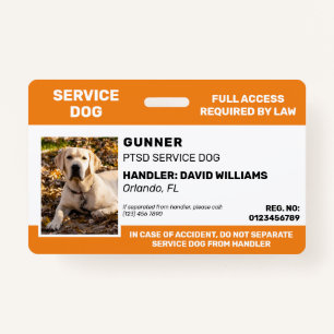 Personalised Orange White Service Dog Photo ID Badge