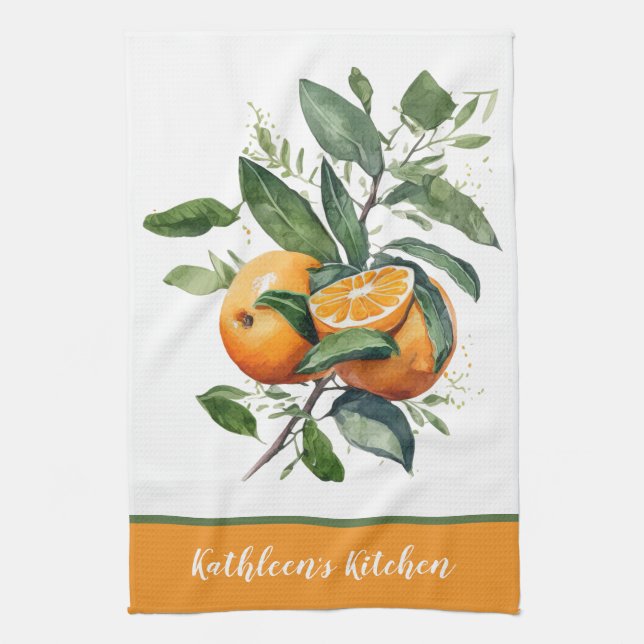 Personalised Oranges Fruit Greenery Tea Towel (Vertical)