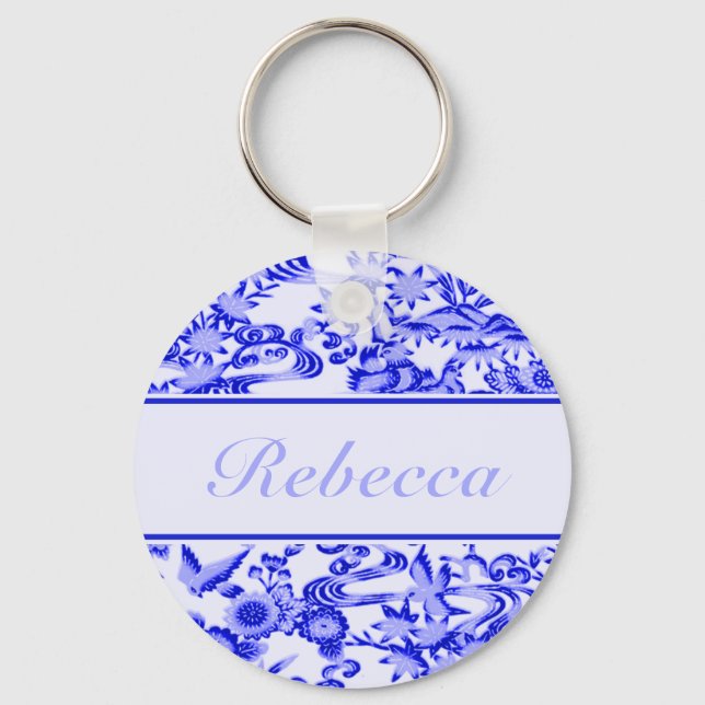 Personalised oriental Bird and leaves pattern Key Ring (Front)