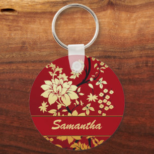 Personalised Oriental Golden Flowers on Red Key Ring