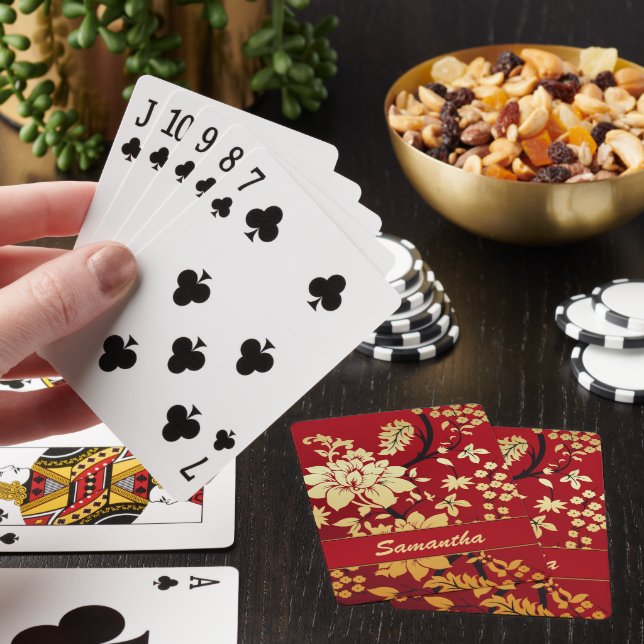 Personalised Oriental Golden Flowers on Red Playing Cards (In Situ)