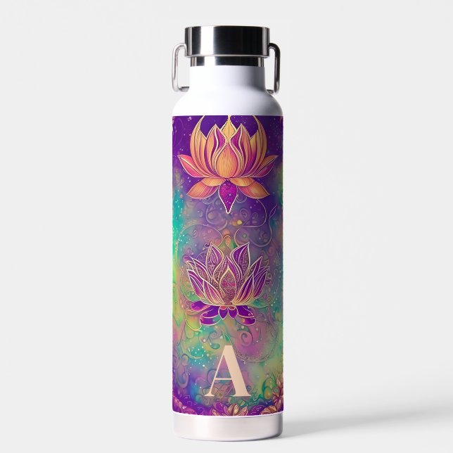 Personalised Ornate Colourful Lotus Flowers Water Bottle (Front)