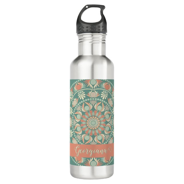 Personalised Ornate Retro Sage and Sand Mandala 710 Ml Water Bottle (Front)