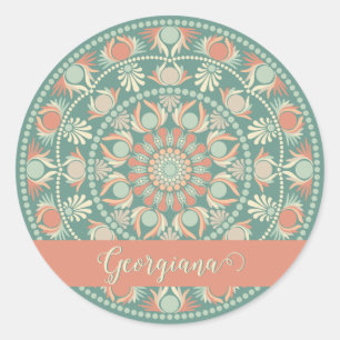 Personalised Ornate Retro Sage and Sand Mandala Classic Round Sticker