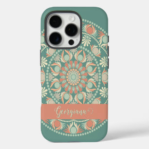 Personalised Ornate Retro Sage and Sand Mandala iPhone 16 Pro Case