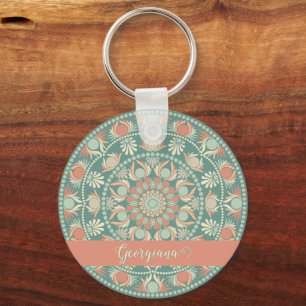 Personalised Ornate Retro Sage and Sand Mandala Key Ring
