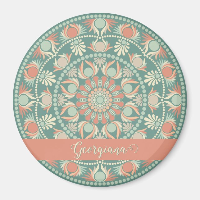 Personalised Ornate Retro Sage and Sand Mandala Magnet (Front)