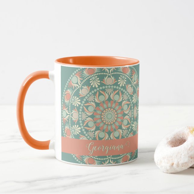 Personalised Ornate Retro Sage and Sand Mandala Mug (With Donut)