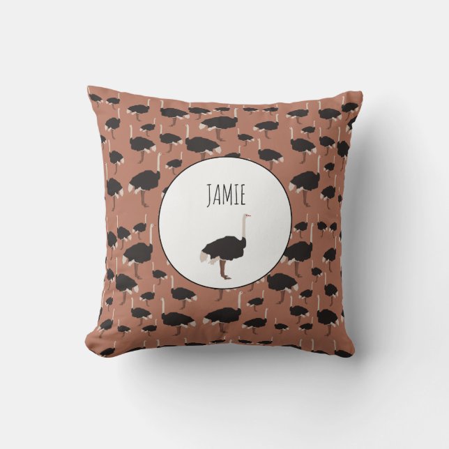 Personalised Ostrich Bird Illustration Pattern  Cushion (Front)