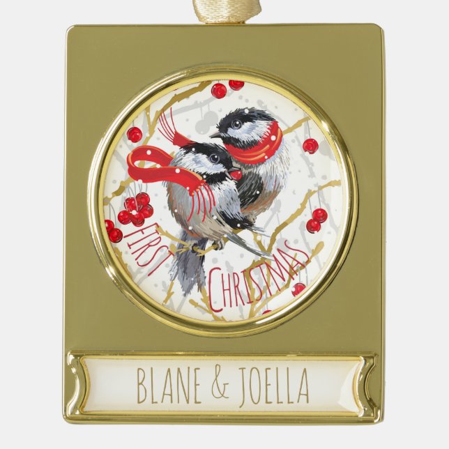 Personalised - Our First Christmas | Chickadees Gold Plated Banner Ornament (Front)