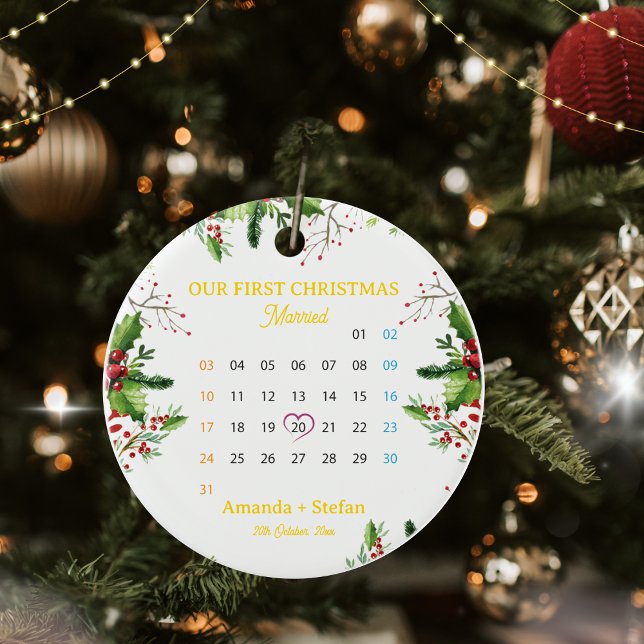 Personalised Our First Christmas Married Calendar Ceramic Tree Decoration (Personalized Our First Christmas Married Calendar Ceramic Ornament)