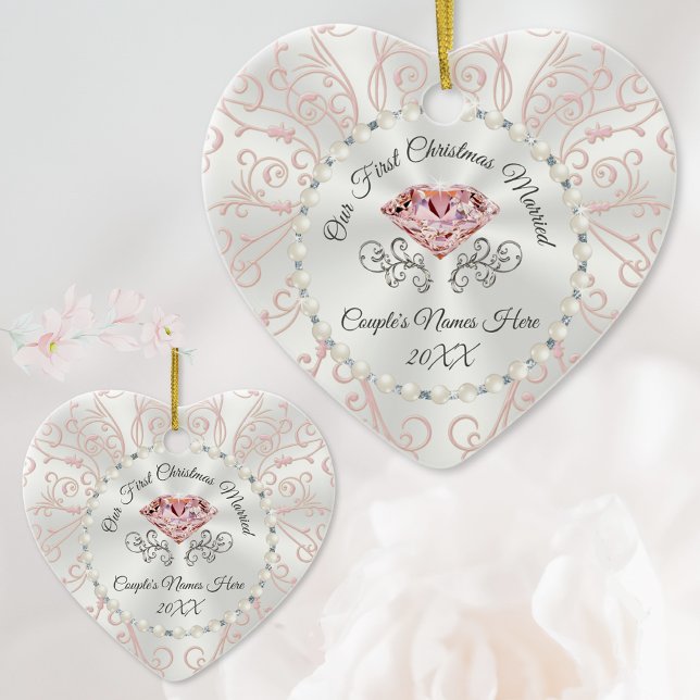 Personalised Our First Christmas Married Ornament (Our First Christmas Together Ornaments. Pretty Blush and Silver, Heart shaped Wedding Ornaments.)
