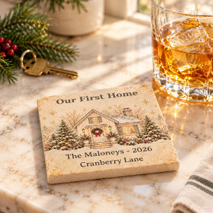 Personalised Our First Home Christmas Marble Coast Stone Coaster