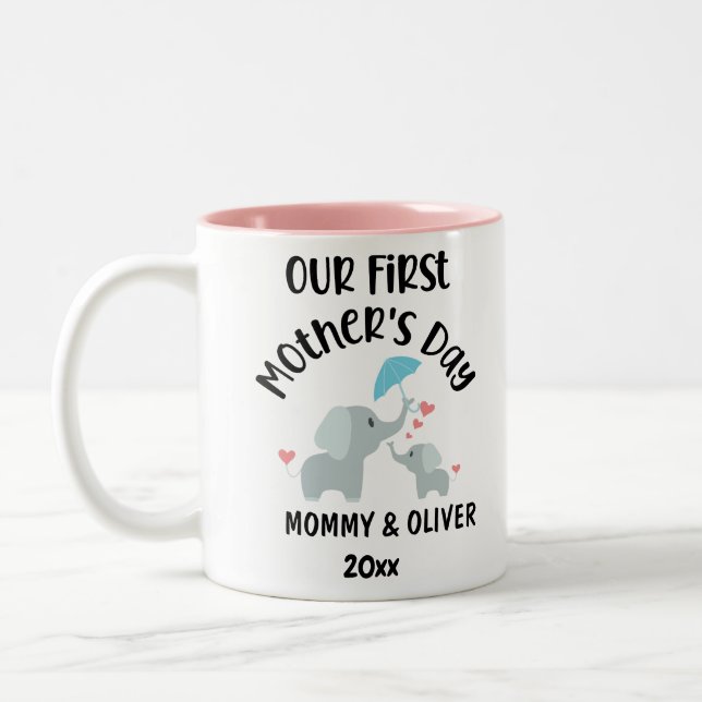 Personalised Our First Mother's Day Elephants 2023 Two-Tone Coffee Mug (Left)