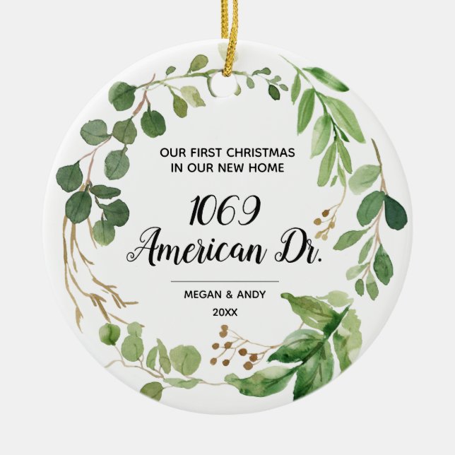 Personalised Our New Home greenery Christmas Ceramic Tree Decoration (Front)