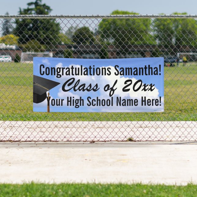 Personalised Outdoor Graduation Banner Blue Sky (Insitu)