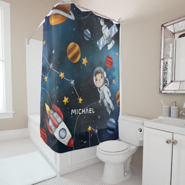 Personalised Outer Space Astronaut Shuttle Shower Curtain (In Situ)