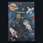 Personalised Outer Space Astronaut Shuttle Tea Towel<br><div class="desc">Celebrate all things outer space with this kitchen towel that you can add a name to make it personal. Check out the other items in this collection below like the backpack, table runner, and serving tray to match this space exploration nerdy kitchen towel. Featuring illustrations of outer space activities and...</div>