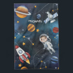 Personalised Outer Space Astronaut Shuttle Tea Towel<br><div class="desc">Celebrate all things outer space with this kitchen towel that you can add a name to make it personal. Check out the other items in this collection below like the backpack, table runner, and serving tray to match this space exploration nerdy kitchen towel. Featuring illustrations of outer space activities and...</div>
