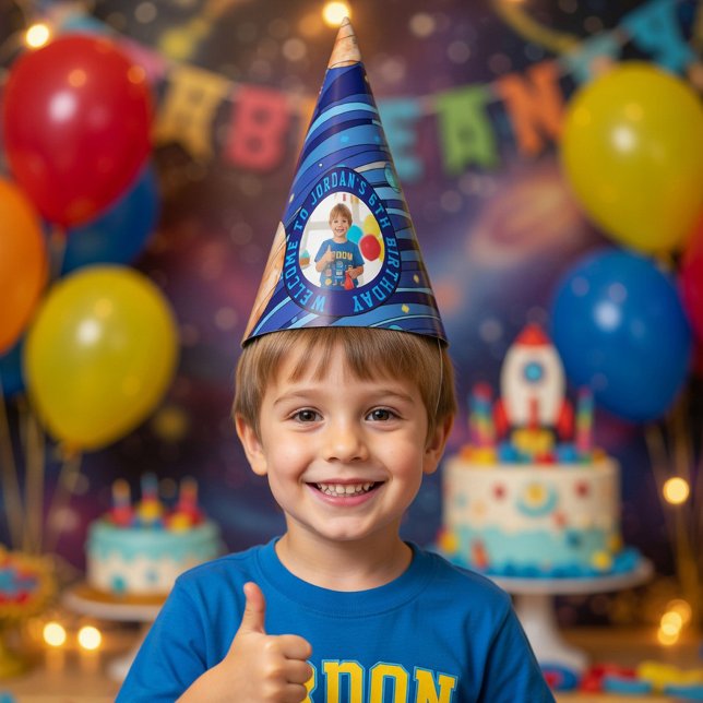 Personalised Outer Space Galaxy Photo Birthday  Party Hat (Creator Uploaded)